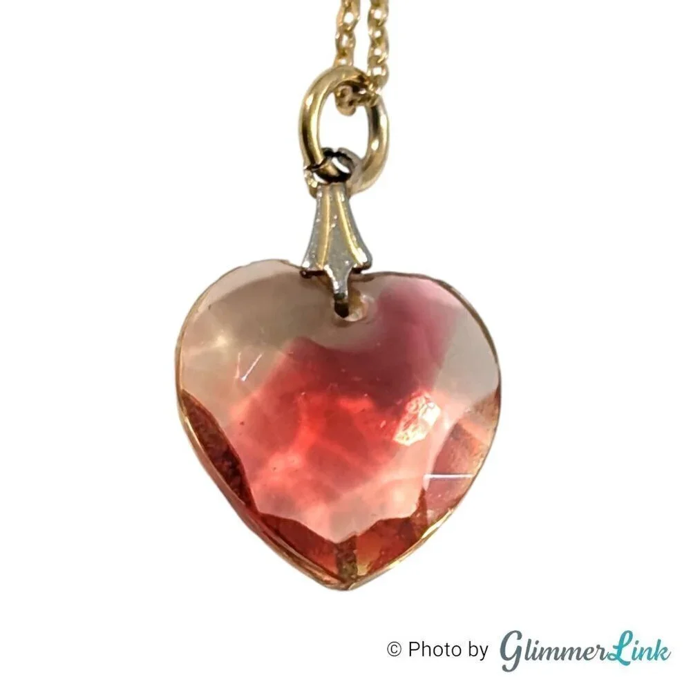 Vintage Translucent Red Faceted Heart Pendant Gold Tone Necklace